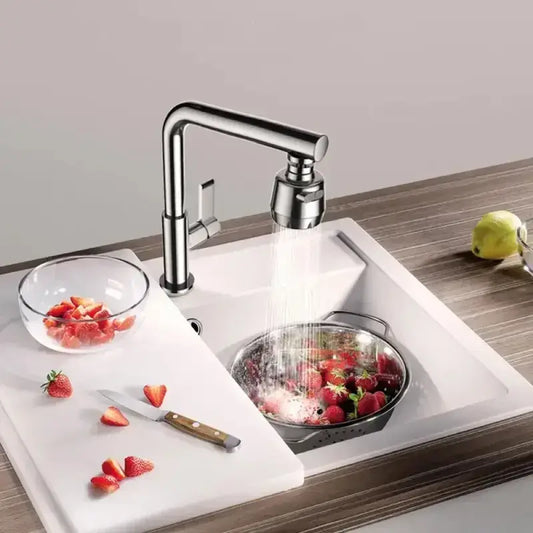 Universal Kitchen Faucet Adapter - Water-Saving Performance For Precise Cleaning + 360 Rotation shown rinsing strawberries in sink with 360° swivel
