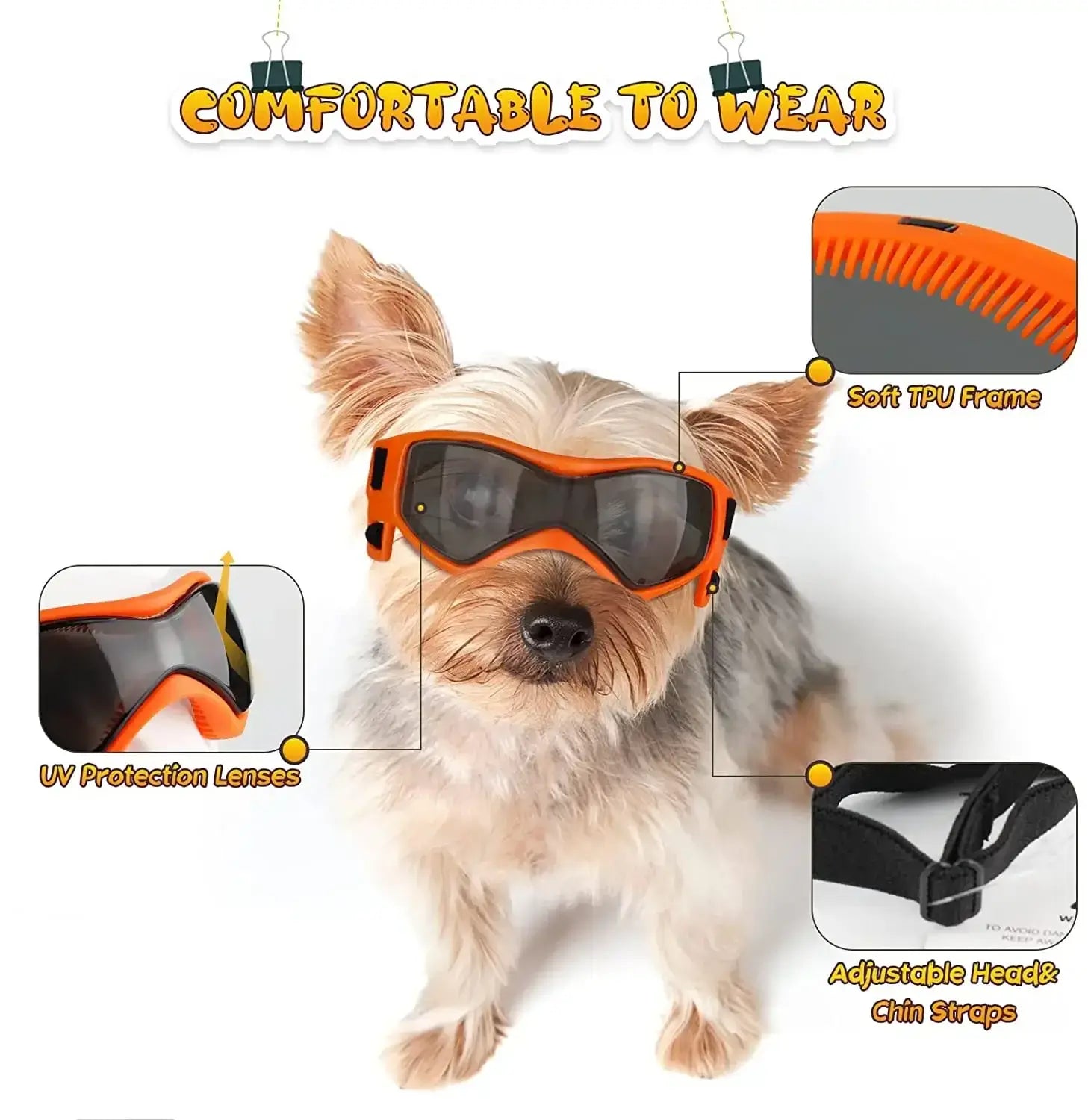 UV Protection Dog Adjustable Sunglasses For Outdoors worn by a small dog, featuring comfortable design with adjustable straps.