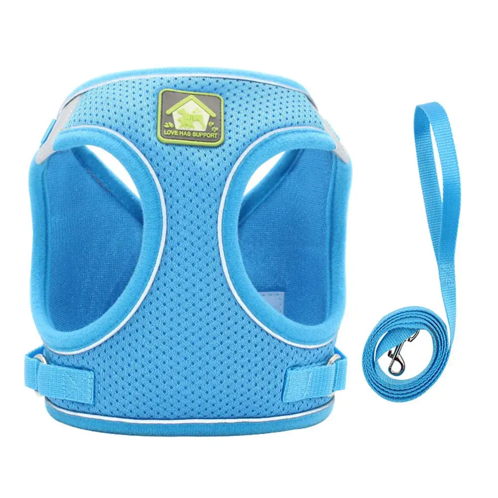 Pet Harness And Leash Set Adjustable Breathable Escape Proof Vest Reflective Collar For Dogs And Cats - blue breathable escape-proof vest with leash