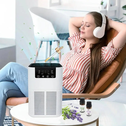 Woman enjoying aromatherapy with HEPA air purifier for smoke odor removal in modern living room.