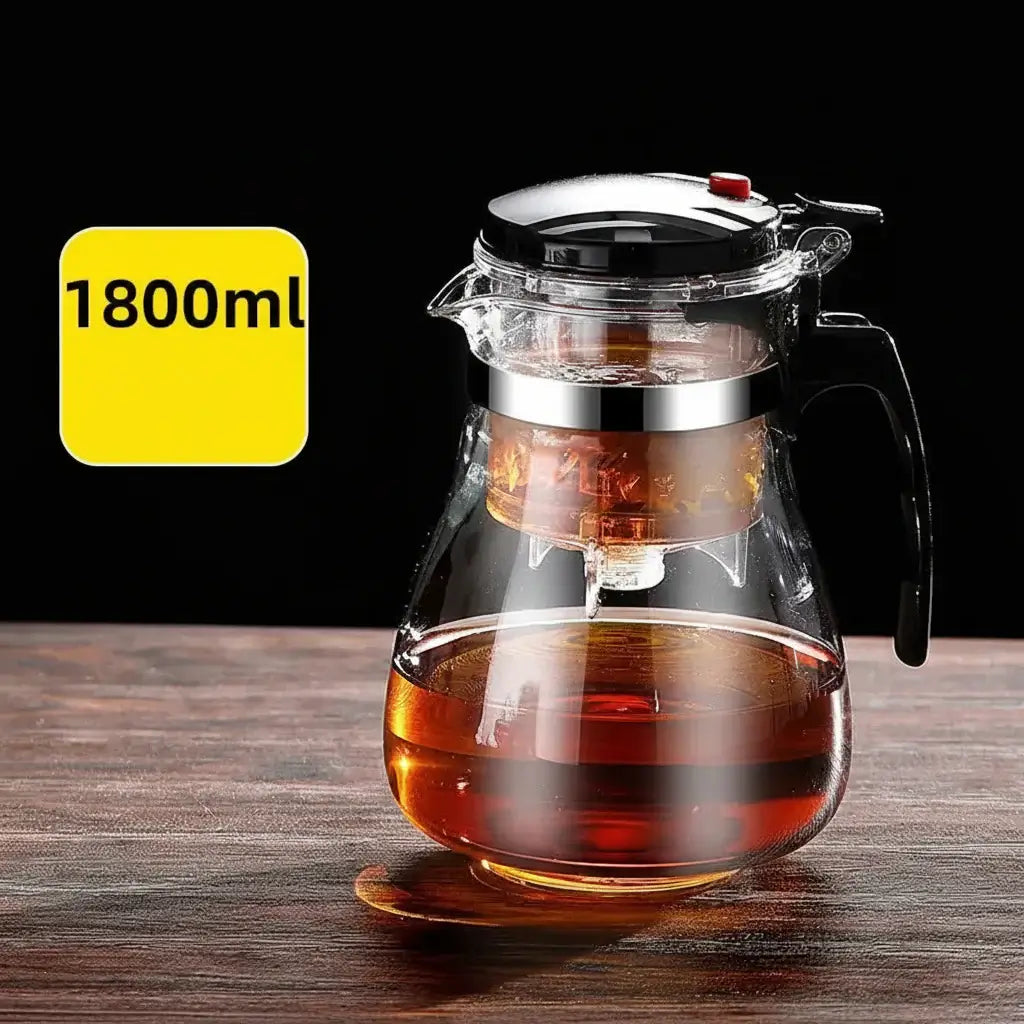 Glass Teapot 1L – Rich Aroma + One-Click Filter System, 1L heat-resistant glass teapot with built-in one-click filter
