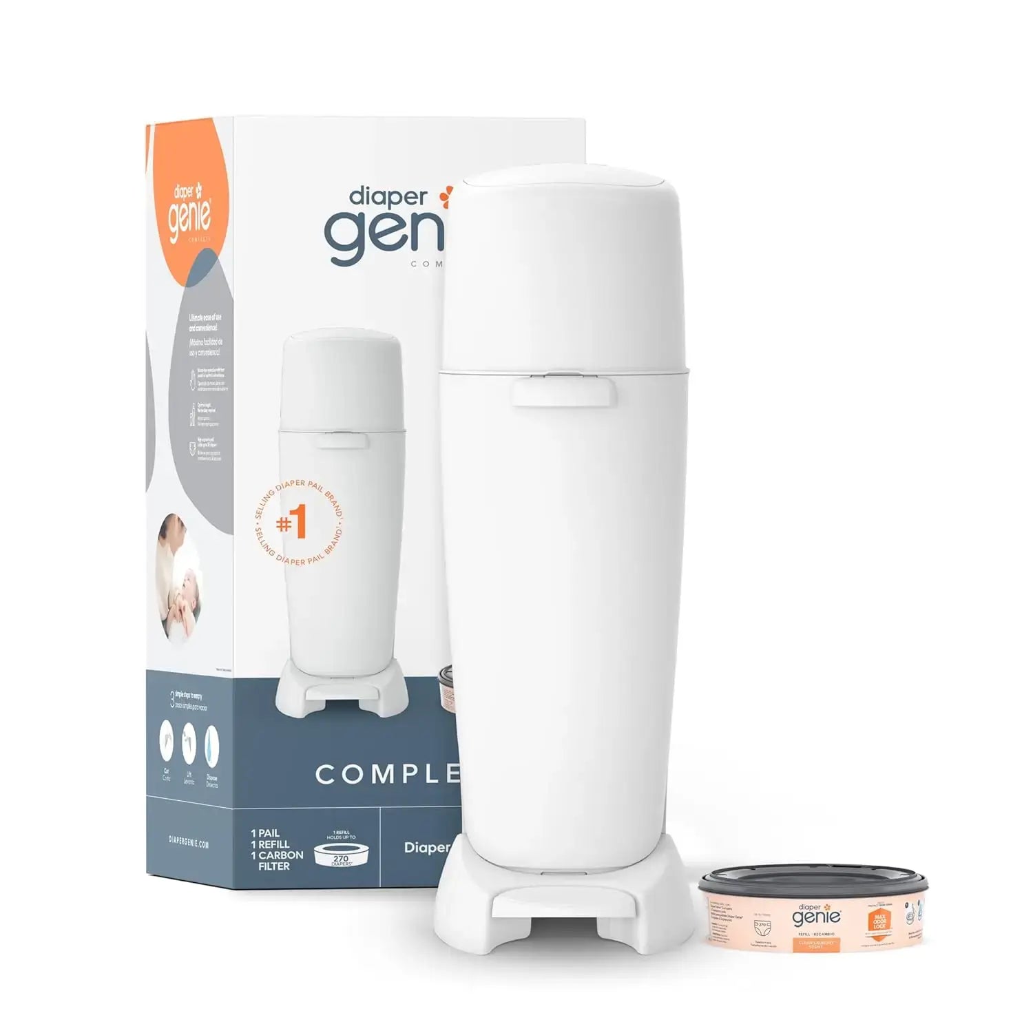 Diaper Pail – Odor-Control + Foot Pedal, Includes Refill Bag for 270 Diapers, White showing white foot-pedal pail with refill and packaging