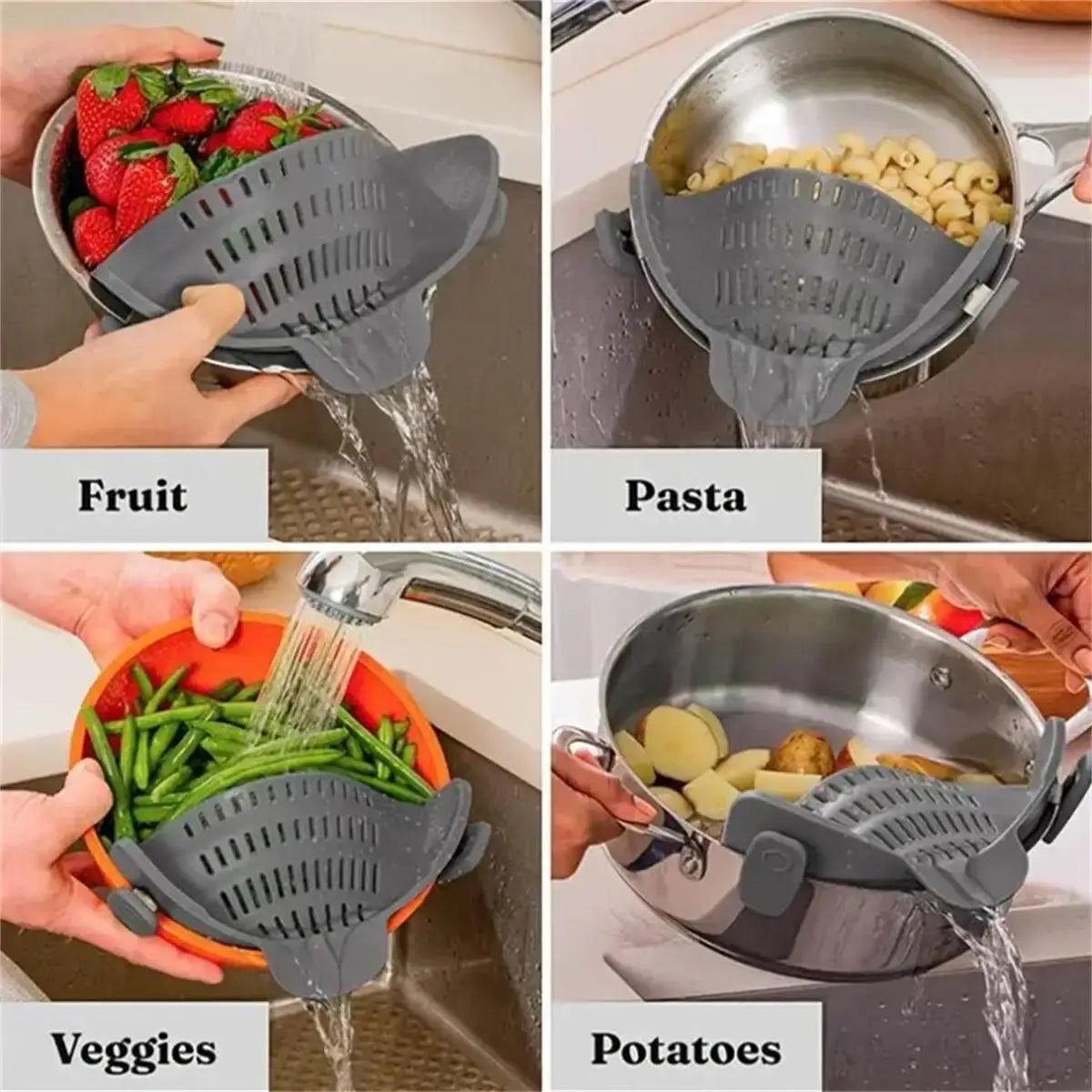 Pot Strainer – Mess-Free Draining + Clip-On Adjustable Stainless Steel clip-on strainer draining fruit pasta veggies potatoes