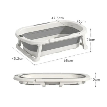 Foldable baby bath tub dimensions, showing side and top views of the tub with measurements for easy reference.