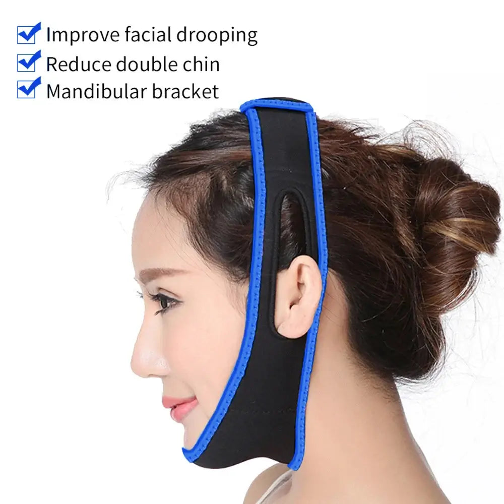 Face Slimming Bandage – Sculpt a Youthful V-Line Contour + Reusable Skin-Friendly One-Piece Strap showing side view of woman wearing blue-trimmed strap