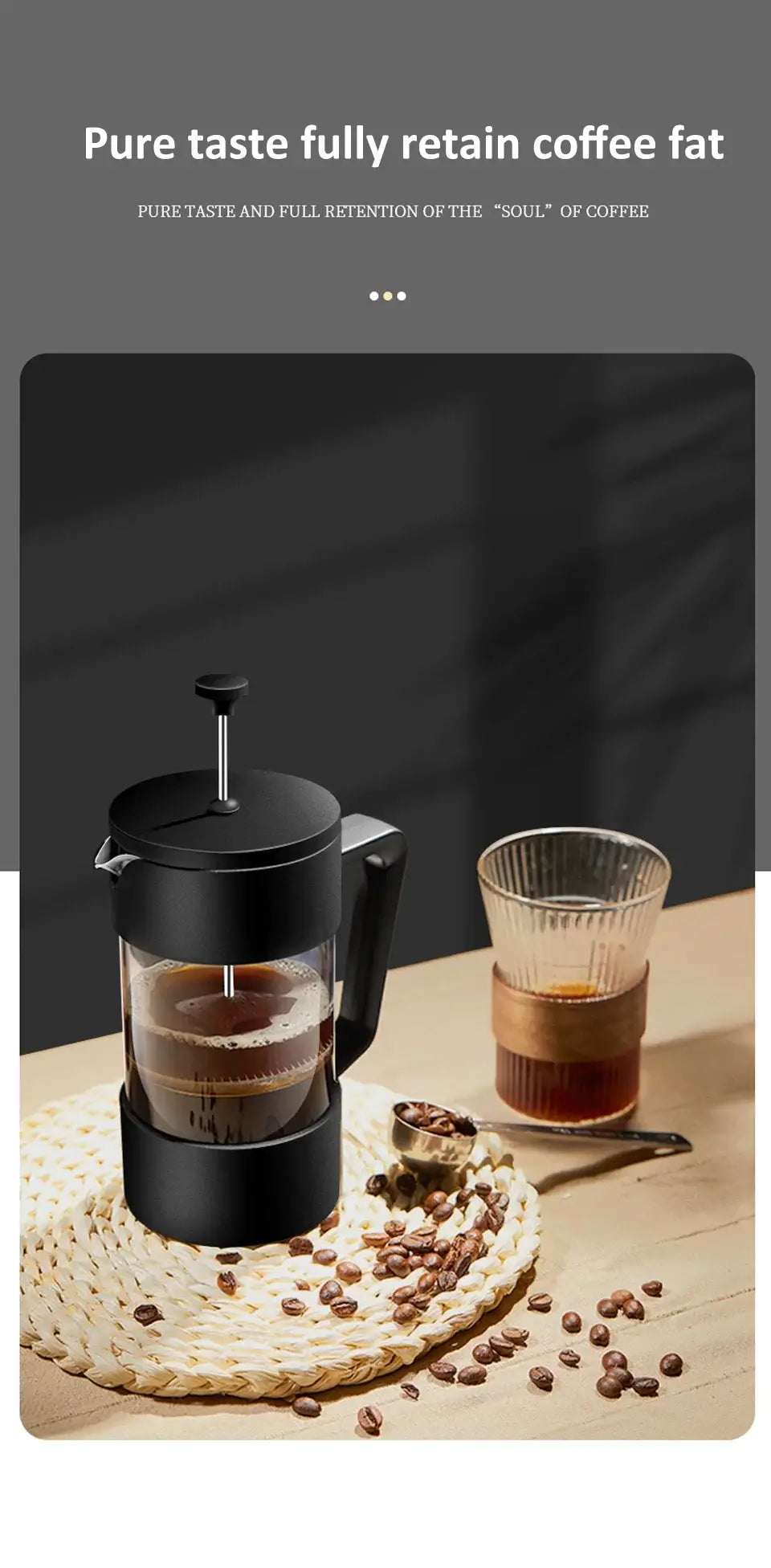 French Press - Bold Flavor + Heat Resistant Borosilicate Glass 600ml black French press with glass carafe and coffee beans