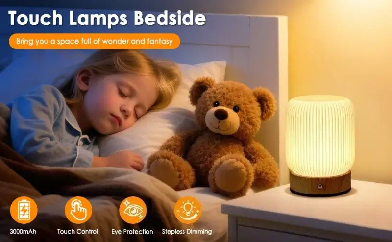 Rechargeable Cordless Mood Lighting For Bedroom And Living Room with touch lamp beside a child and teddy bear.