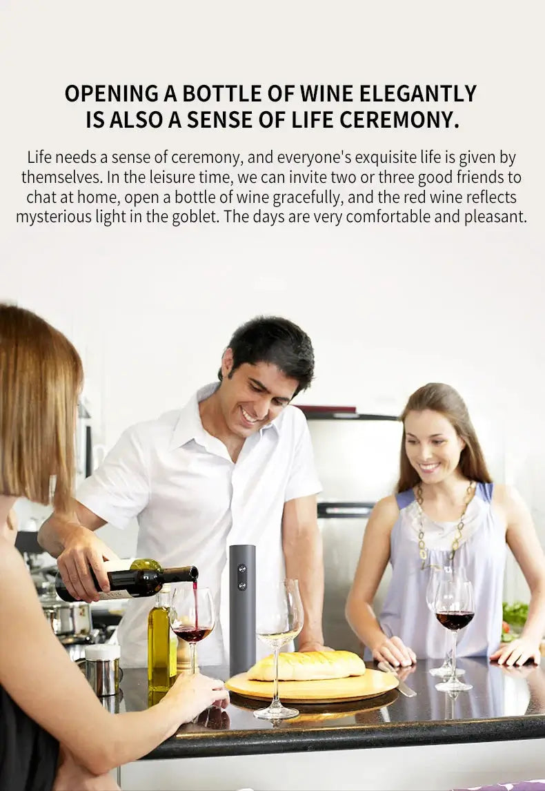 Group of friends using an electric wine opener set to uncork wine at a gathering, enjoying a pleasant atmosphere.
