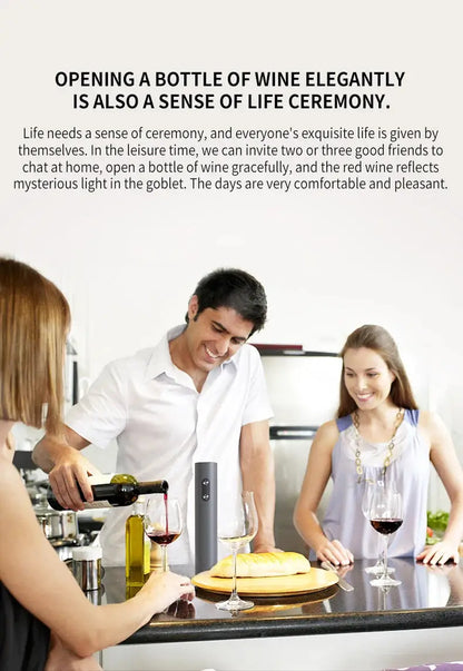 Group of friends using an electric wine opener set to uncork wine at a gathering, enjoying a pleasant atmosphere.