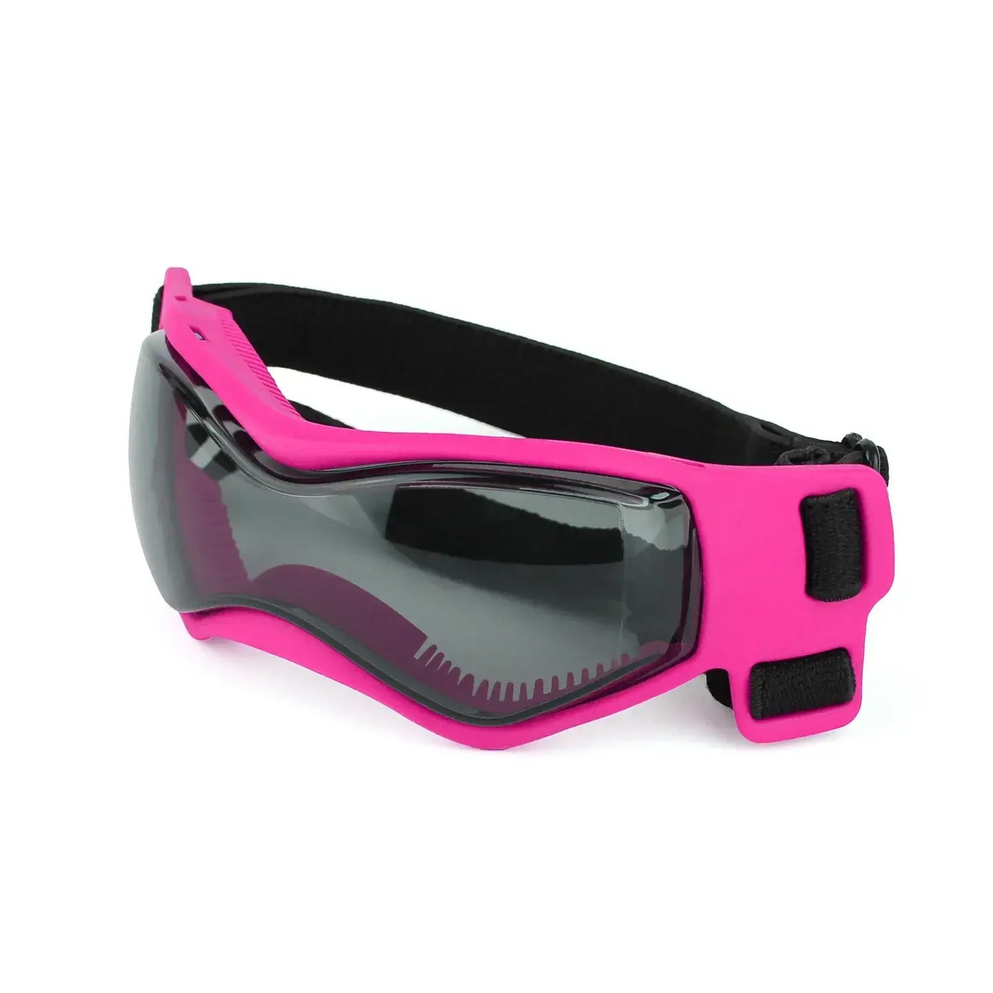 UV Protection Dog Adjustable Sunglasses For Outdoors in pink with curved lenses and adjustable strap