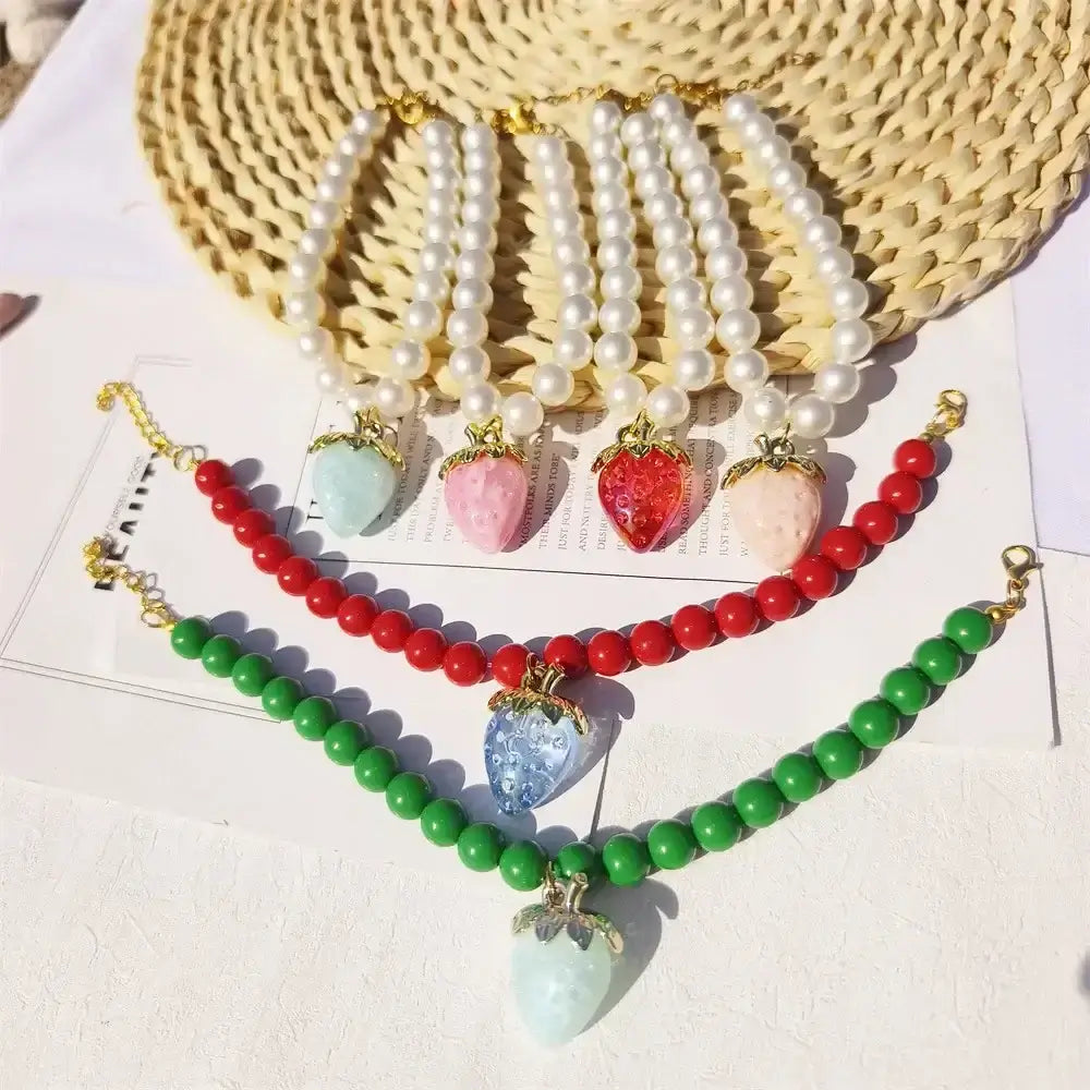 Pet Collar With Pearl Necklace - Pet-Safe Comfort + Lightweight Resin Design For Everyday Wear — pearl pet collar with strawberry pendant, lightweight resin