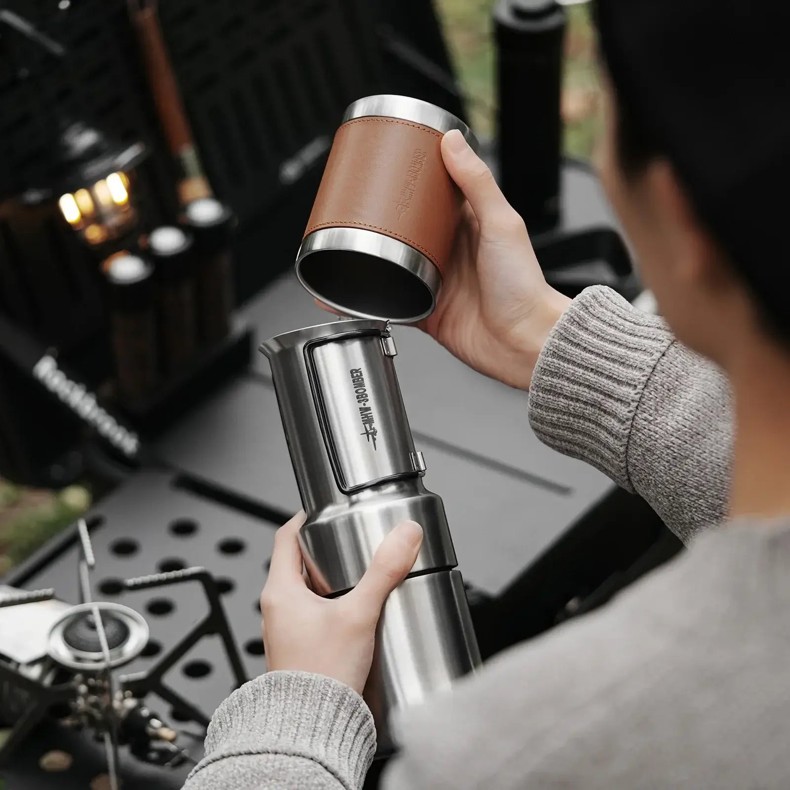 Stainless Steel Moka Pot – Rich Coffee + Foldable Handle rugged 350ml camping moka pot with integrated cup and foldable handle
