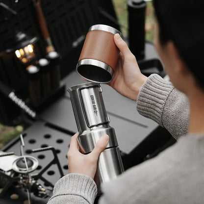 Stainless Steel Moka Pot – Rich Coffee + Foldable Handle rugged 350ml camping moka pot with integrated cup and foldable handle