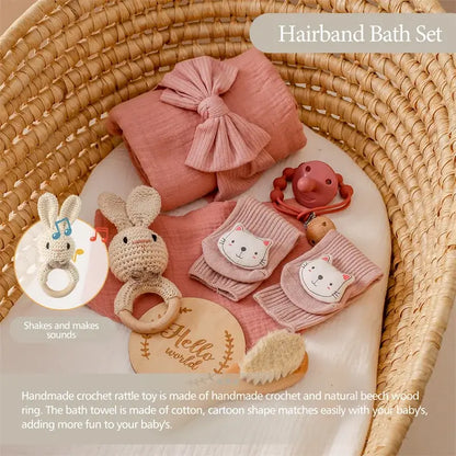 Baby bath gift set with milestone cards and wooden brush — pink newborn bath gift with blanket, wooden brush, milestone cards