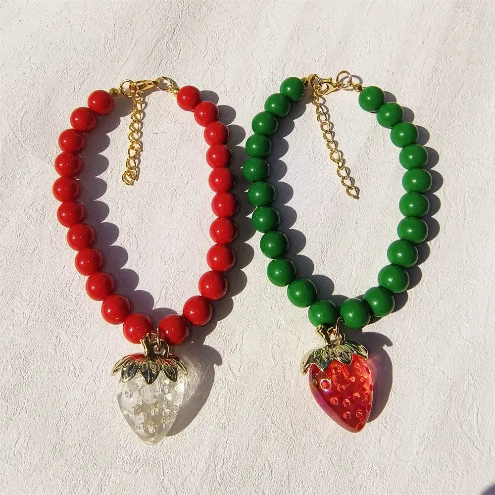 Pet Collar With Pearl Necklace - Pet-Safe Comfort + Lightweight Resin Design For Everyday Wear: red and green beaded collars with strawberry pendants