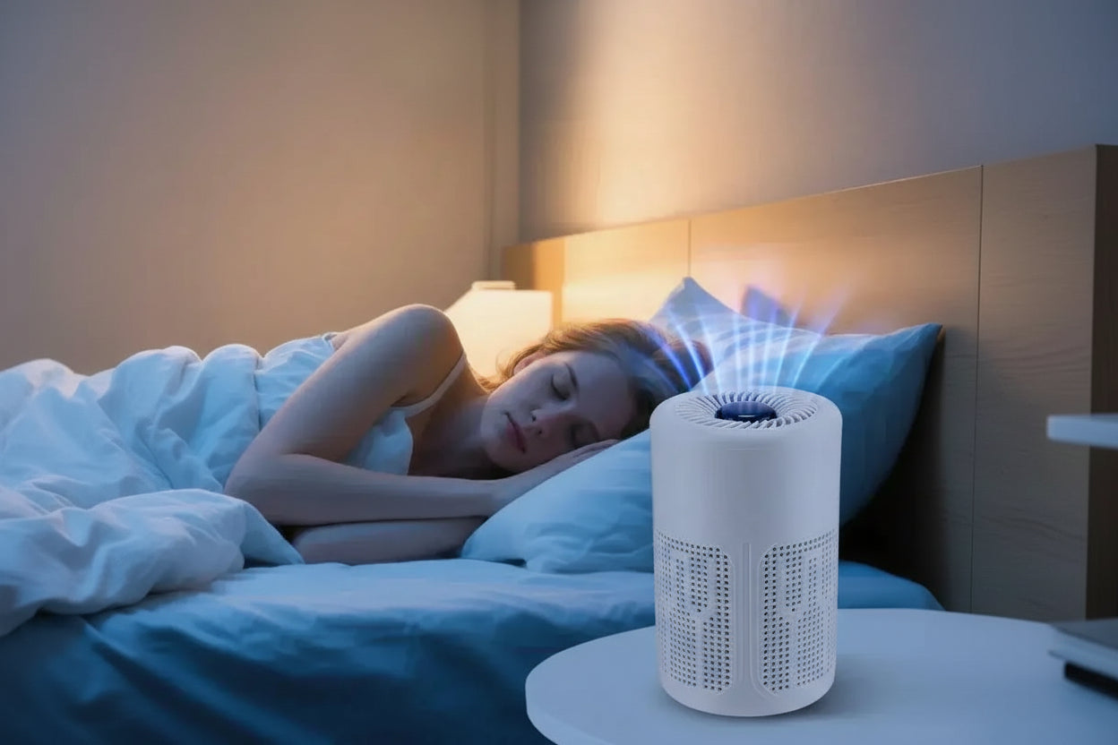 Compact desktop air purifier in a bedroom, providing clean air while a person sleeps.
