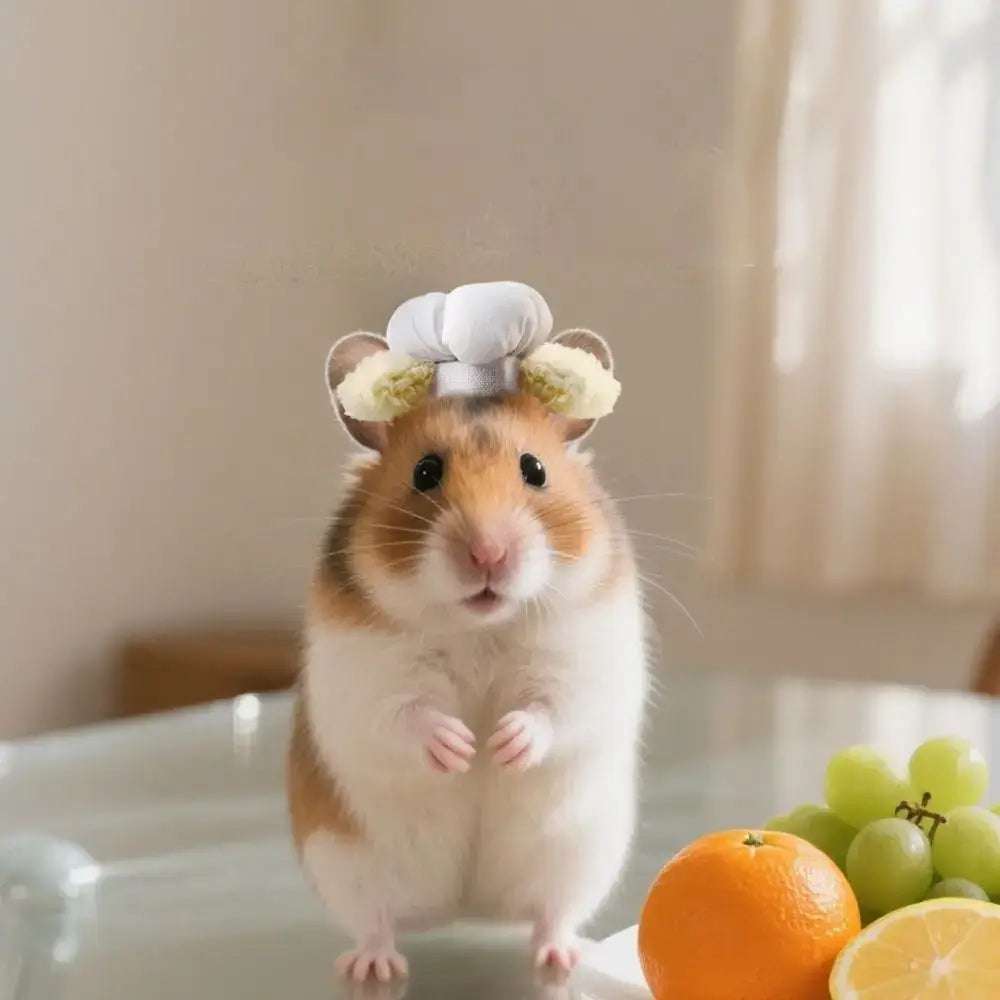 Hamster Chef Hat – Breathable Comfort All Day Wear + Adjustable Fit For Plush Ears tiny hamster in chef hat with plush ears, breathable adjustable band, cute photo prop