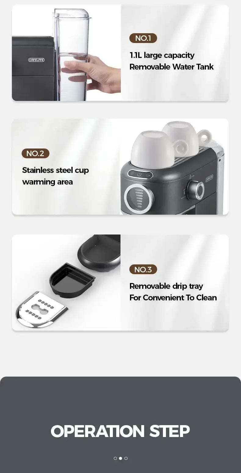 Espresso Machine – Cafe-Quality Drinks + 4-In-1 Capsule Pod NES ESE Ground Coffee with 1.1L tank, stainless steel cup warmer, removable drip tray