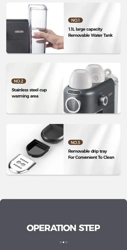 Espresso Machine – Cafe-Quality Drinks + 4-In-1 Capsule Pod NES ESE Ground Coffee with 1.1L tank, stainless steel cup warmer, removable drip tray