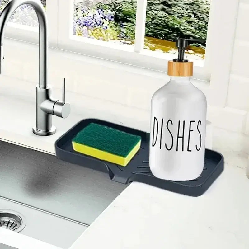 Kitchen Sink Sponge Holder – Dries Sponges Faster + Self-Draining Silicone Tray System on counter holding sponge and soap bottle