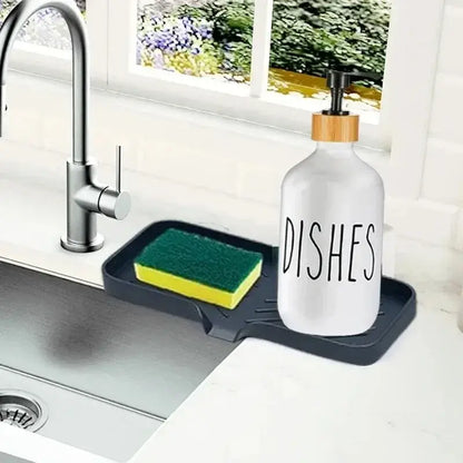 Kitchen Sink Sponge Holder – Dries Sponges Faster + Self-Draining Silicone Tray System on counter holding sponge and soap bottle