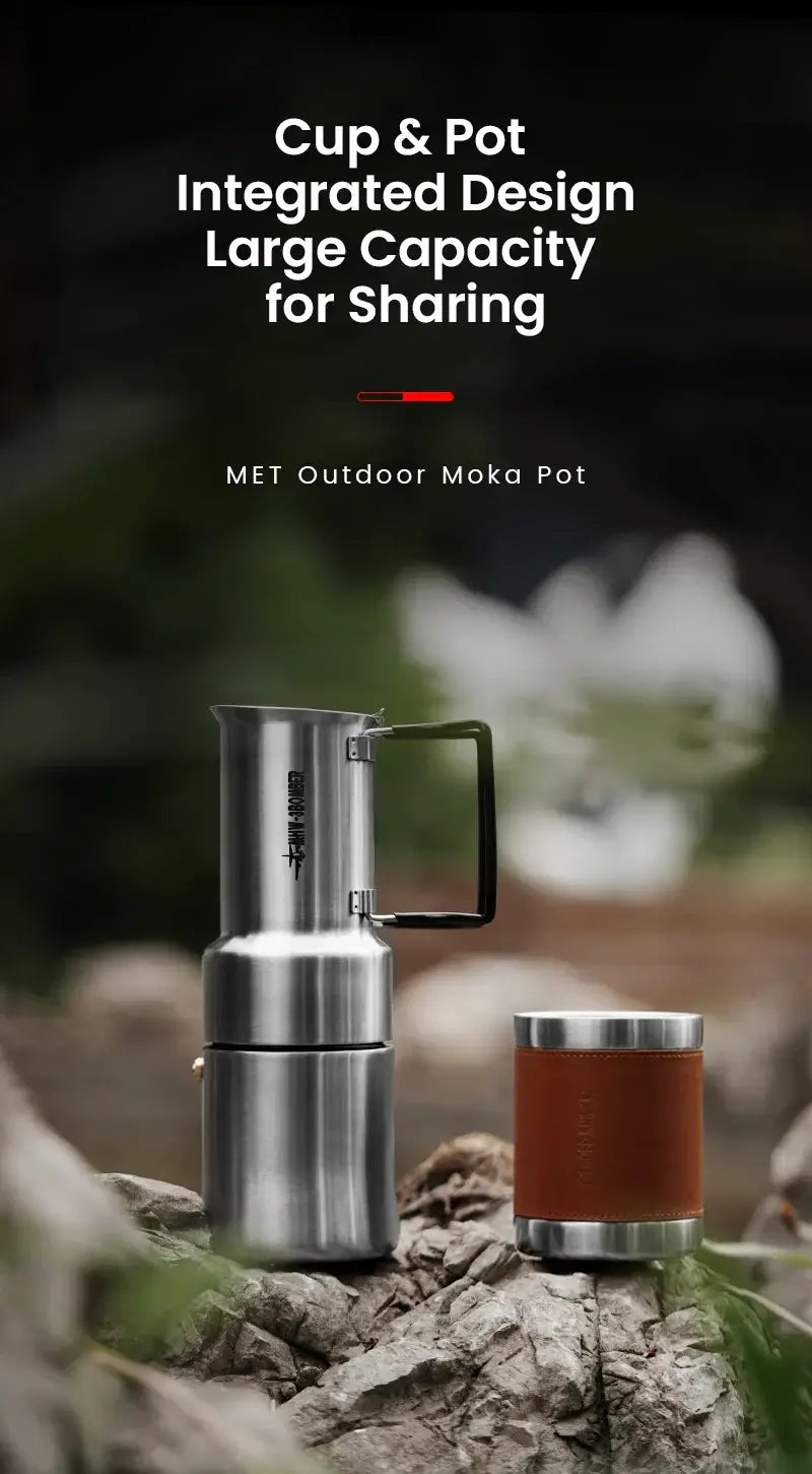 Stainless Steel Moka Pot – Rich Coffee + Foldable Handle on rock with integrated cup, 350ml camping moka pot and foldable handle