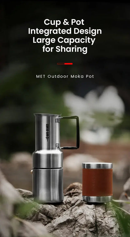 Stainless Steel Moka Pot – Rich Coffee + Foldable Handle on rock with integrated cup, 350ml camping moka pot and foldable handle