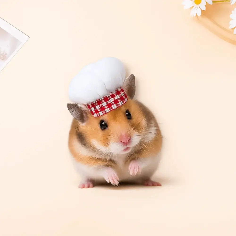 Hamster Chef Hat – Breathable Comfort All Day Wear + Adjustable Fit For Plush Ears small brown hamster wearing breathable plush chef hat with adjustable elastic band