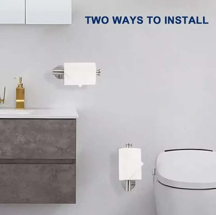 Paper Roll Holder – Moisture-Resistant + Drill-Free Wall Mount shown installed two ways in a bathroom (wall-mounted and vertical)