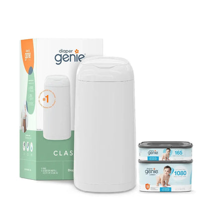 FreshNest Odor Locking Diaper Pail Gift Set With Extra Refills shown with white pail, box, and refill cartridges
