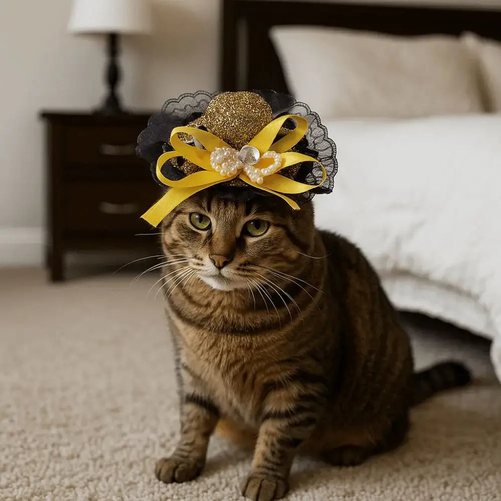 Pet Halloween Hat – Festive Shimmer + Adjustable Elastic Band For Cats And Small Pets cat wearing British-style sequin lace hat with yellow bow and elastic band