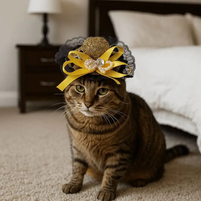 Pet Halloween Hat – Festive Shimmer + Adjustable Elastic Band For Cats And Small Pets cat wearing British-style sequin lace hat with yellow bow and elastic band