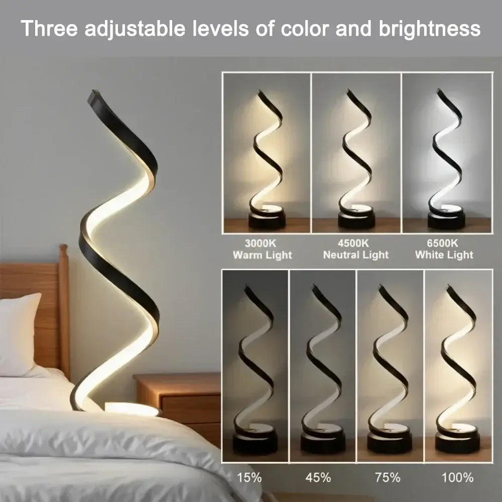 LED spiral lamp showing three adjustable levels of color and brightness for versatile home lighting.