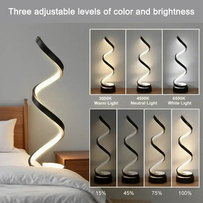 LED spiral lamp showing three adjustable levels of color and brightness for versatile home lighting.