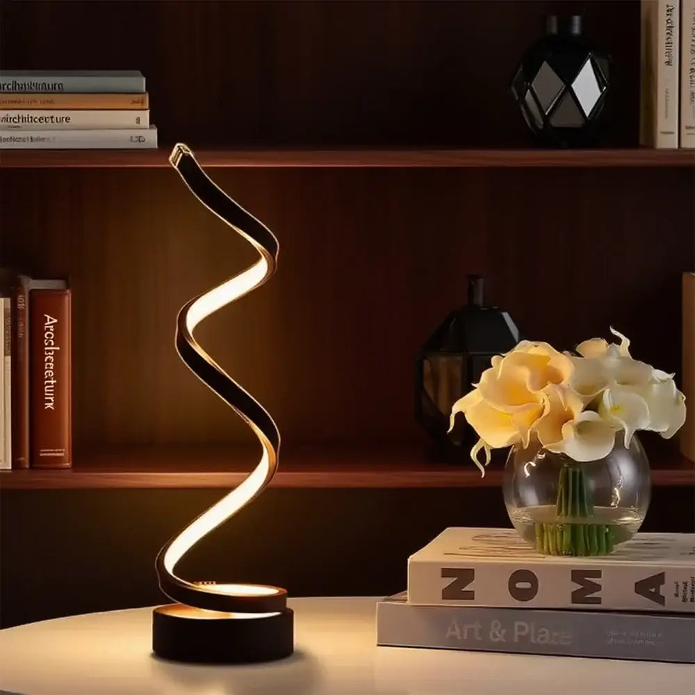 LED spiral dimmable table lamp with adjustable brightness in a modern setting.
