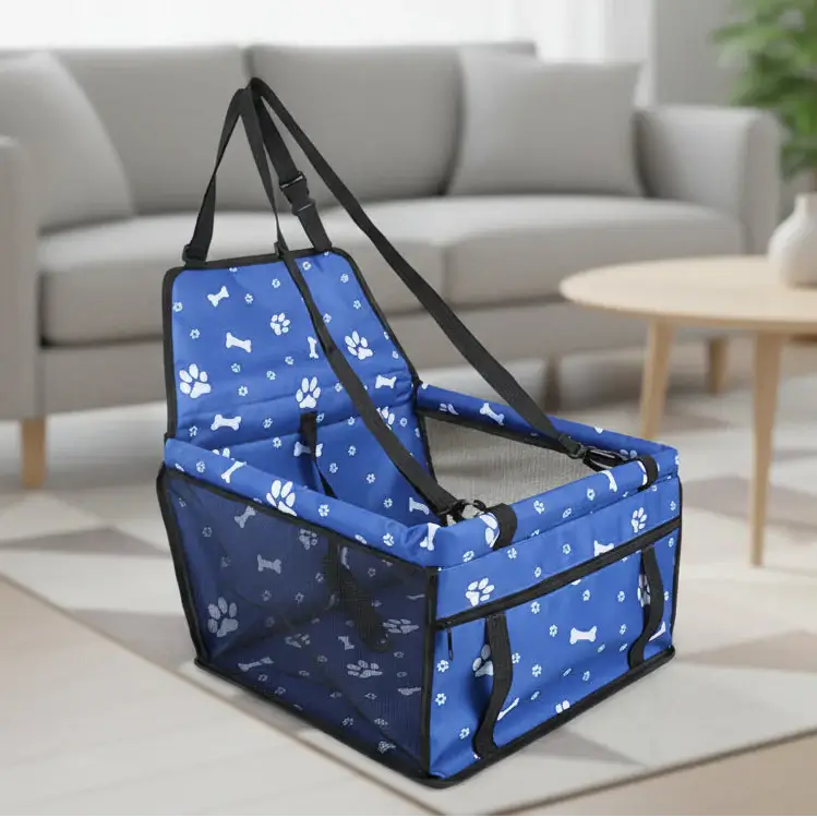 Pet Booster Seat – Safer Rides + Adjustable Seat Belt, blue breathable dog car booster with safety belt and paw print design
