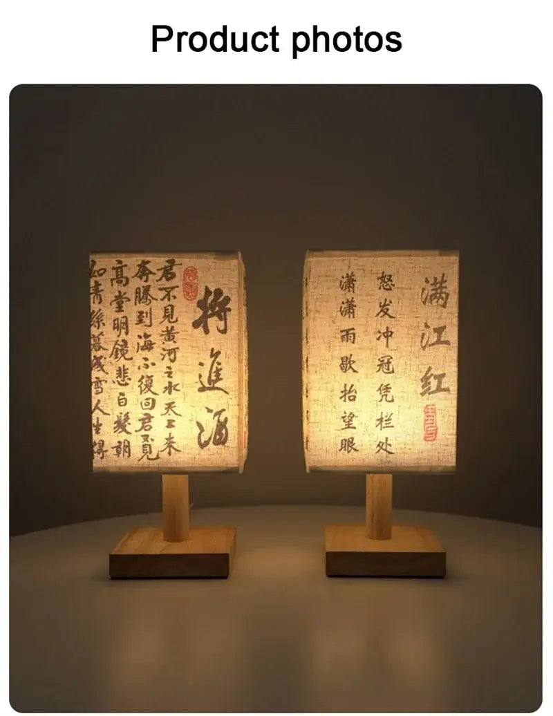 LED table lamp ambient glow with fabric shades and wooden bases, perfect for creating a cozy atmosphere.