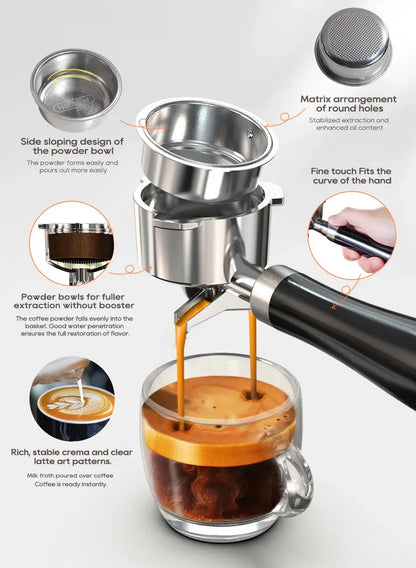 Semi Automatic Espresso Machine – Temperature Adjustable + 20 Bar Extraction stainless steel 51mm portafilter pouring crema