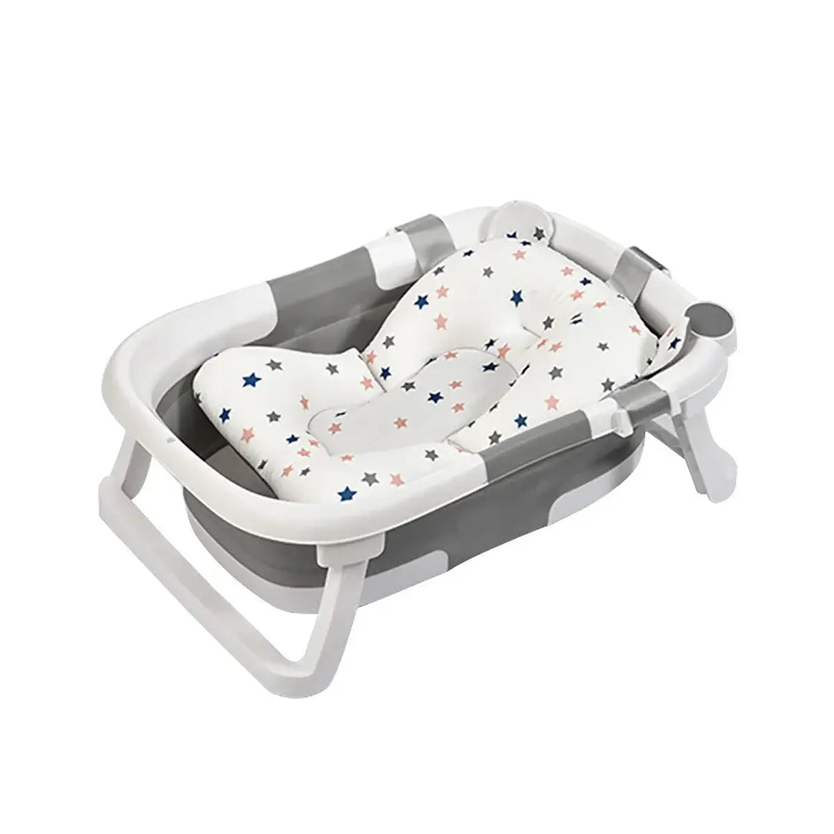 Foldable newborn baby bath tub with comfortable padding and a star pattern, designed for easy storage and baby comfort.