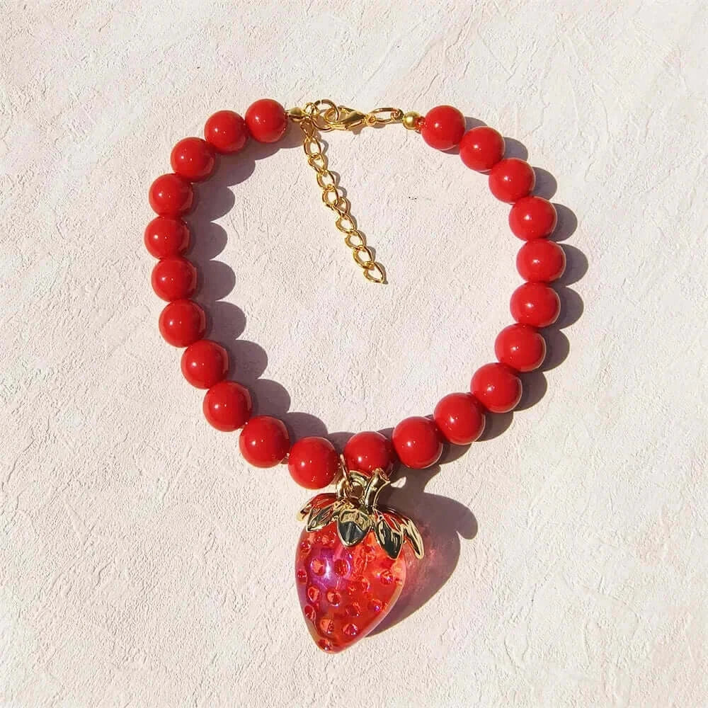 Pet Collar With Pearl Necklace - Pet-Safe Comfort + Lightweight Resin Design For Everyday Wear, red pearl-style necklace collar with strawberry pendant