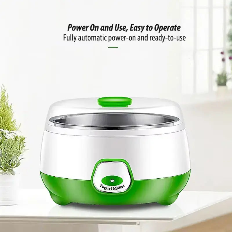 Automatic Yogurt Maker – Creamy, Silky Yogurt Texture + 1L Stainless Steel Liner shown in white and green compact countertop yogurt machine