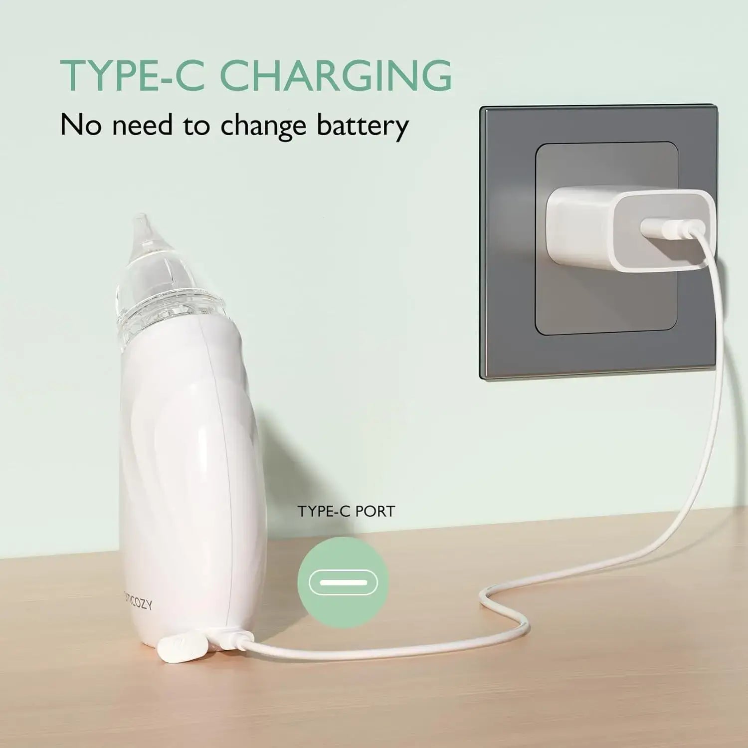 Baby Nasal Aspirator – Powerful Suction For Quick Nose Clearing + USB Rechargeable showing Type-C charging cord plugged into wall