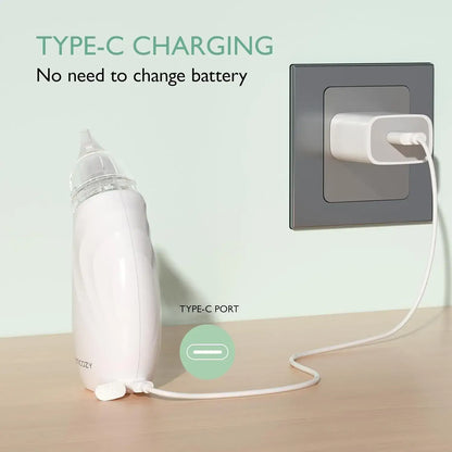 Baby Nasal Aspirator – Powerful Suction For Quick Nose Clearing + USB Rechargeable showing Type-C charging cord plugged into wall