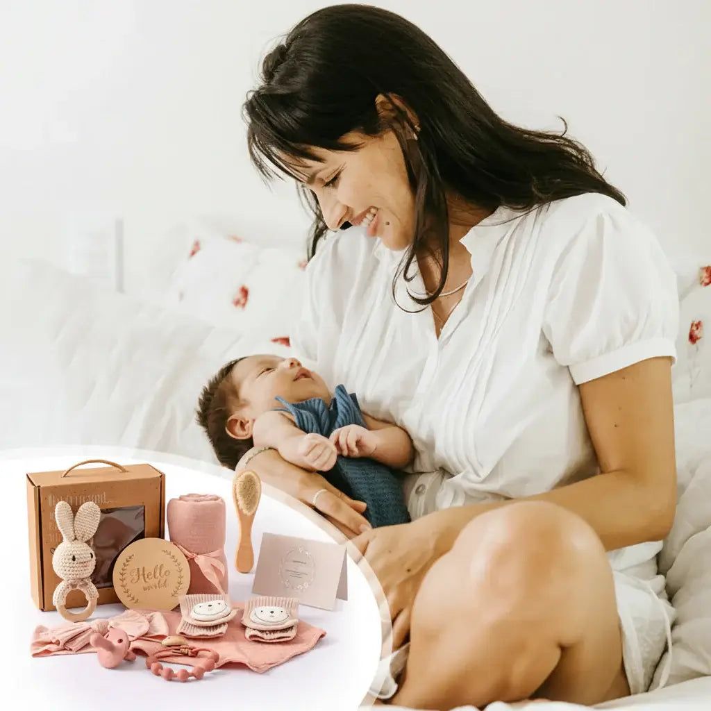 Baby bath gift set with milestone cards and wooden brush displayed with soft blanket, wooden brush, milestone cards and parent cradling newborn