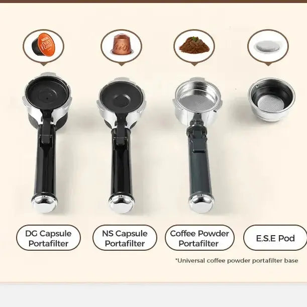 Espresso Machine – Cafe-Quality Drinks + 4-In-1 Capsule Pod NES ESE Ground Coffee accessories showing DG NS capsule, coffee powder portafilters and E.S.E pod