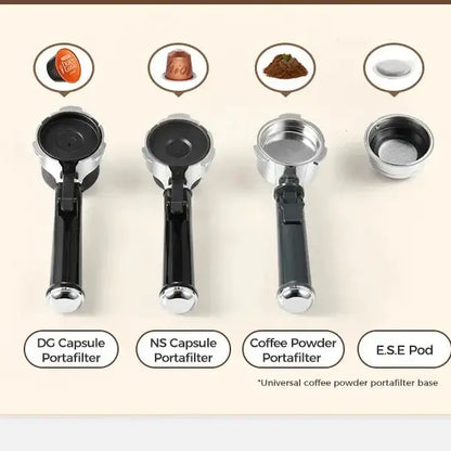 Espresso Machine – Cafe-Quality Drinks + 4-In-1 Capsule Pod NES ESE Ground Coffee accessories showing DG NS capsule, coffee powder portafilters and E.S.E pod