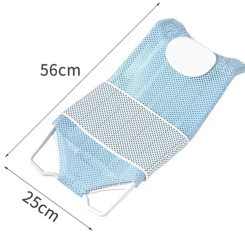 Newborn baby bath net with soft cloth padding measures 56cm by 25cm, providing safe support during bath time.
