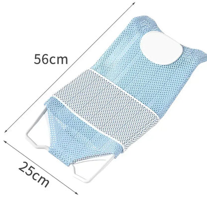 Newborn baby bath net with soft cloth padding measures 56cm by 25cm, providing safe support during bath time.