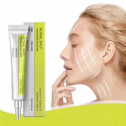 Korean retinol tightening serum shown in packaging with a model applying it for youthful, radiant skin.