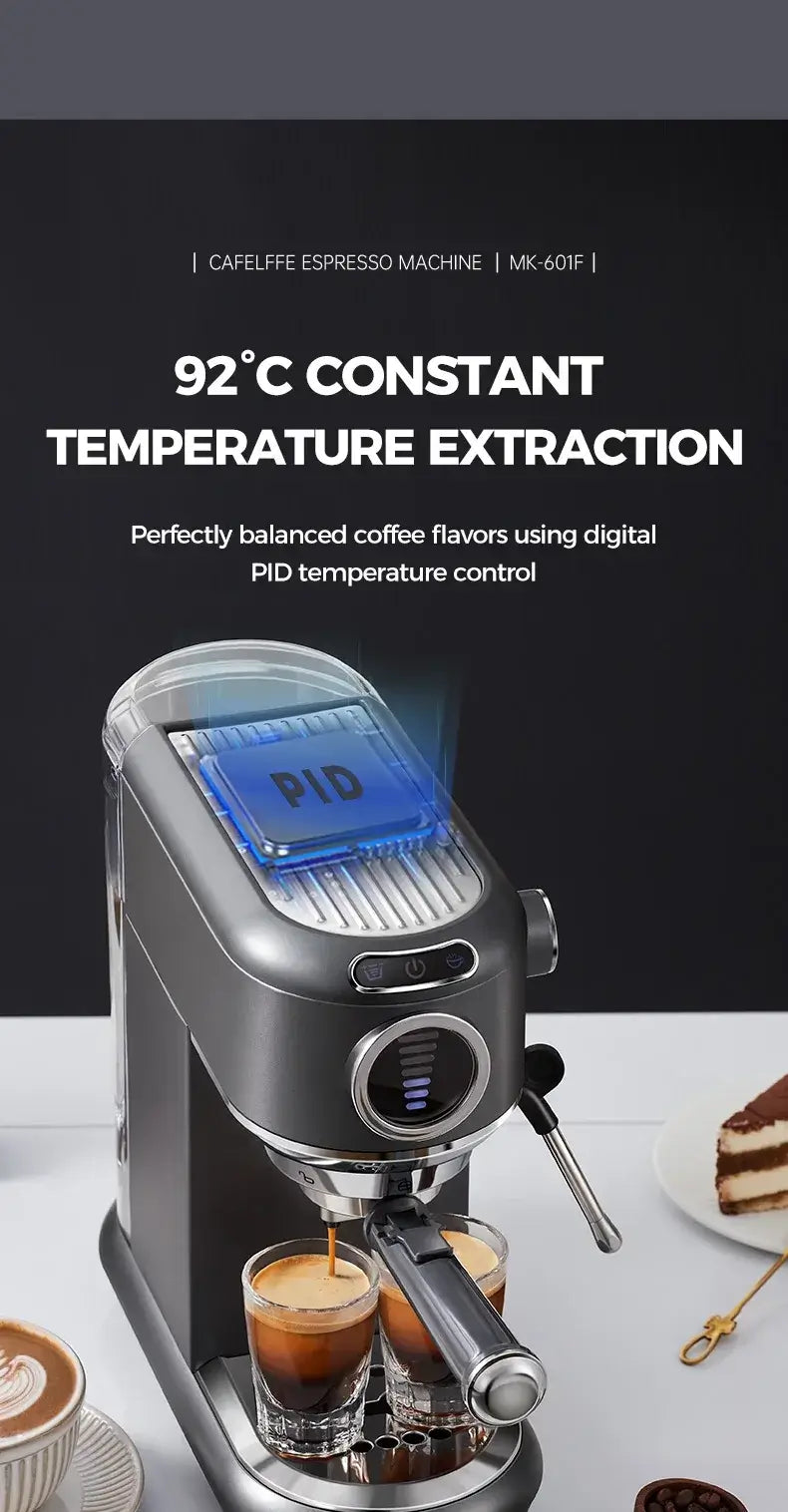 Espresso Machine – Cafe-Quality Drinks + 4-In-1 Capsule Pod NES ESE Ground Coffee showing stainless steel 2-cup PID espresso machine with steam wand